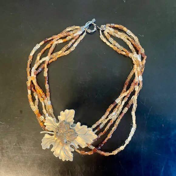 Orange Red Yellow Brown Spessartitle squ bead necklace W/ Steph Dweck Pin - Picture 1 of 12